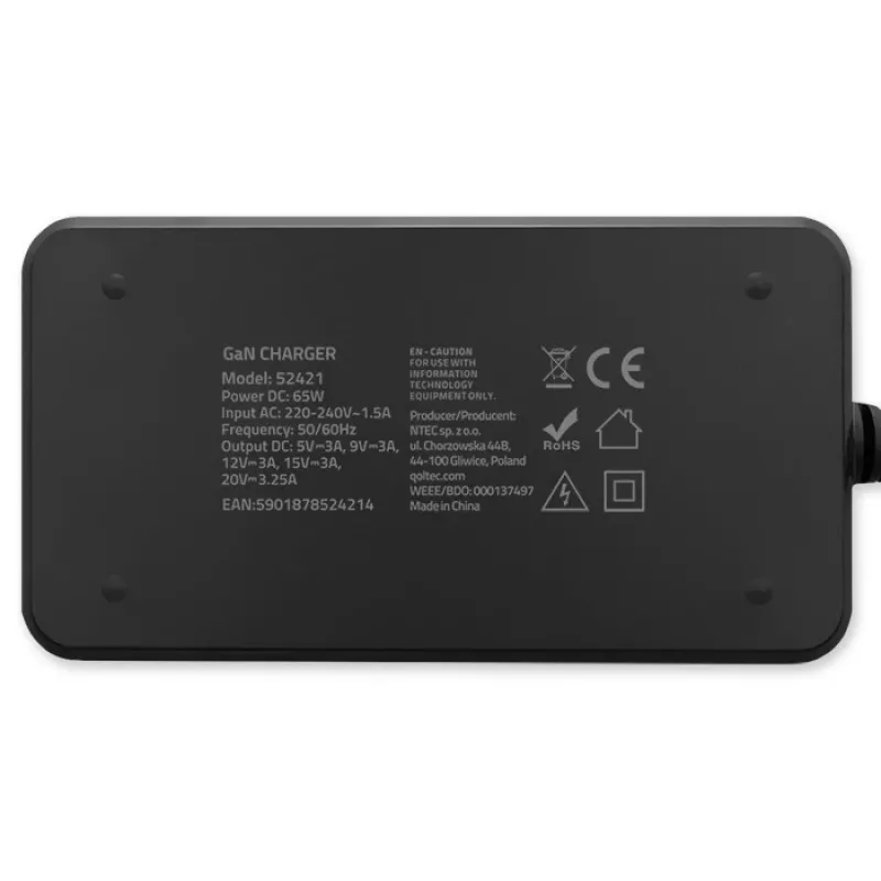 QOLTEC laturi 65W GaN Super Fast ohut PD 5-20V 3,25A USB-C
