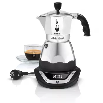 Sähköinen mokkapannu BIALETTI 3 kuppia Moka Timer, ohjelmoitava LED-näyttö, alumiinikotelo, pannusäiliö
