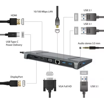 Kannettavan telakka Gembird A-CM-COMBO9-02 USB 3.2 Gen 1 Type-C, HDMI, VGA, 3×USB-A, Gigabit Ethernet, 87W PD, harmaa