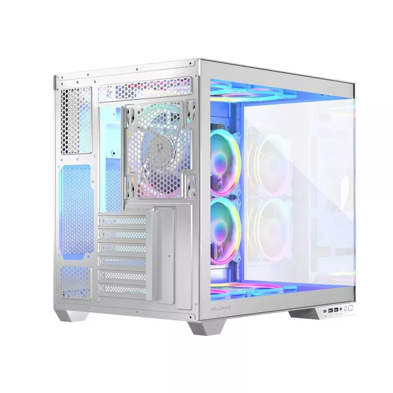 PC-kotelo MODECOM Volcano Panorama Midi Tower valkoinen — micro ATX, karkaistu lasi, ARGB, USB-C, tukee GPU 400 mm