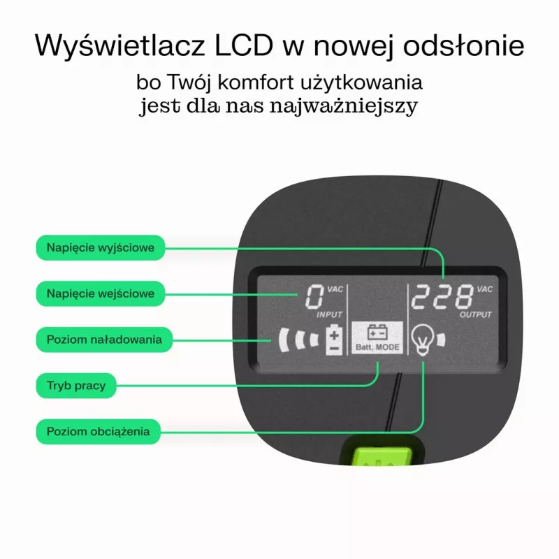 USV Line-Interactive 2 kVA 1200 W, Green Cell, 4 vaihtovirtalähtöä, USB, 12 V 9 Ah VRLA (torni)