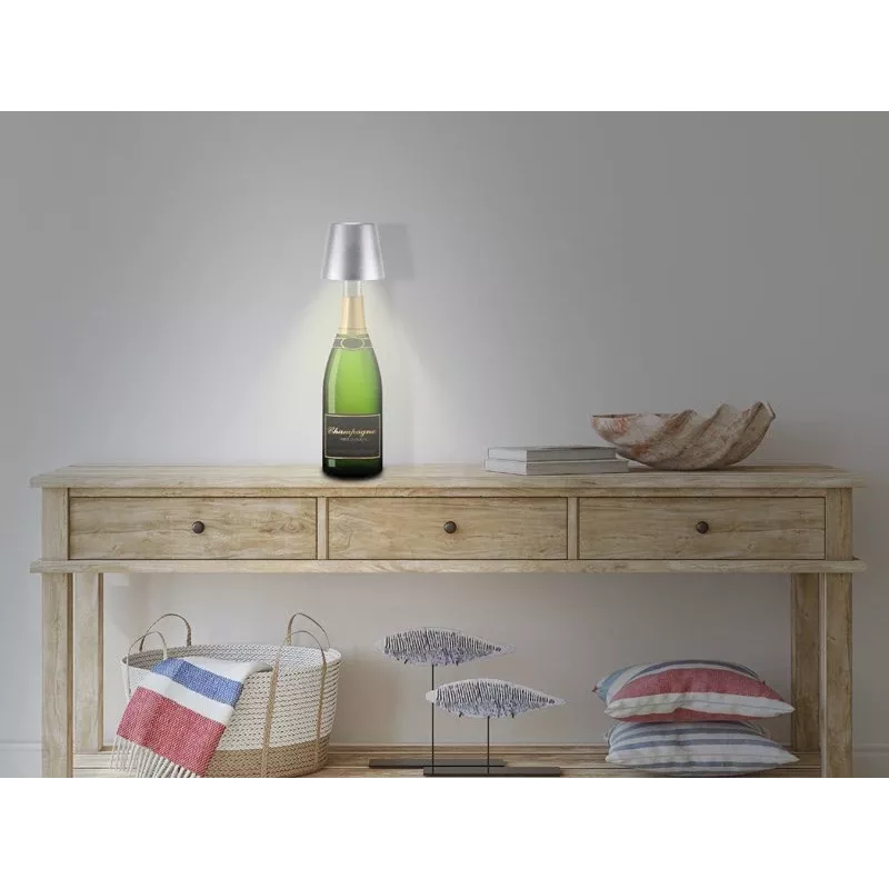 Beper P201UTP117 ladattava LED-pöytävalaisin, 1,5 W, kosketuskytkin, himmennettävä, 33 mm pullosovitin, vedenkestävä, hopea