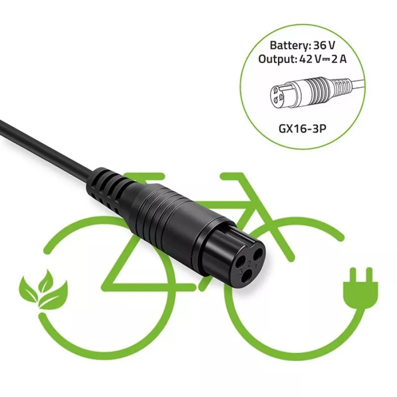 Akkulaturi QOLTEC laturi sähköpyörään 36V 42V 2A 3P GX16