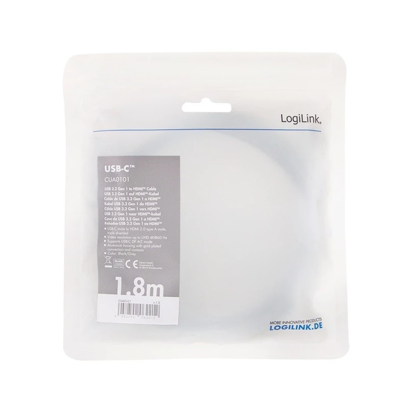 LogiLink CUA0101 USB 3.2 Gen1 Type-C - HDMI-A -kaapeli 1,8 m musta harmaa