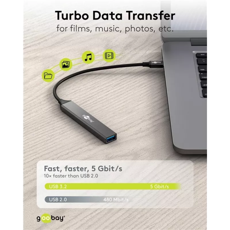 Goobay Slim 4-porttinen USB-keskitin, USB-C™–USB-A, USB 3.2 (74457)