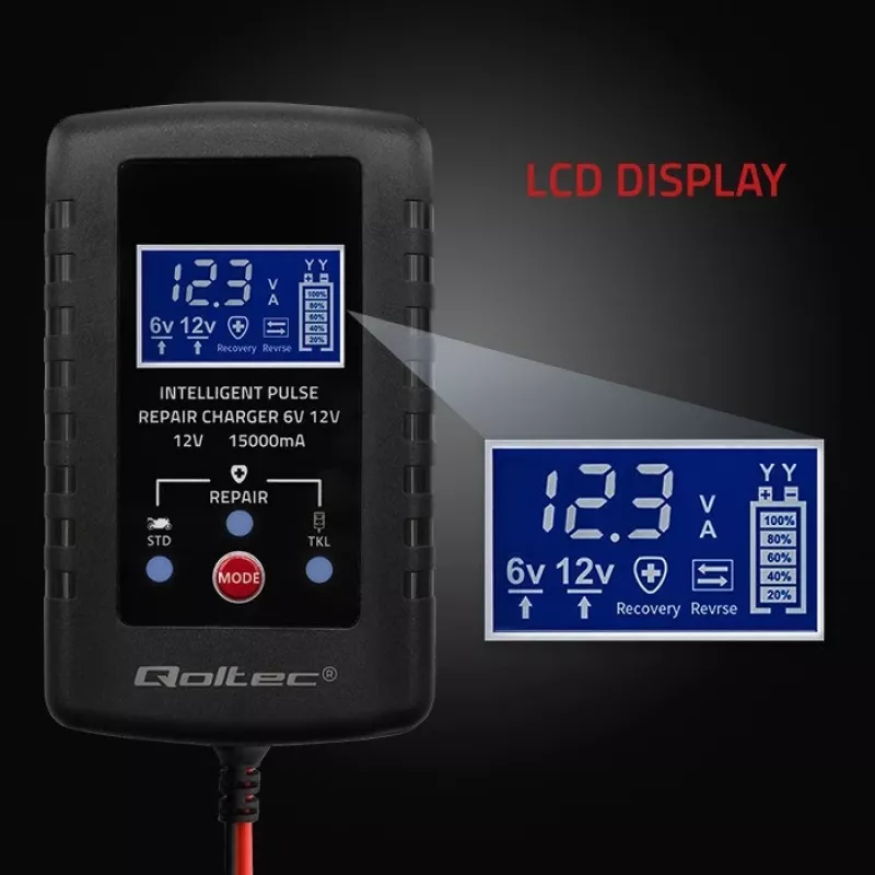 Akkulaturi QOLTEC 52426 AGM-/GEL-/vakiakuille 6V/12V 2A LED-näytöllä