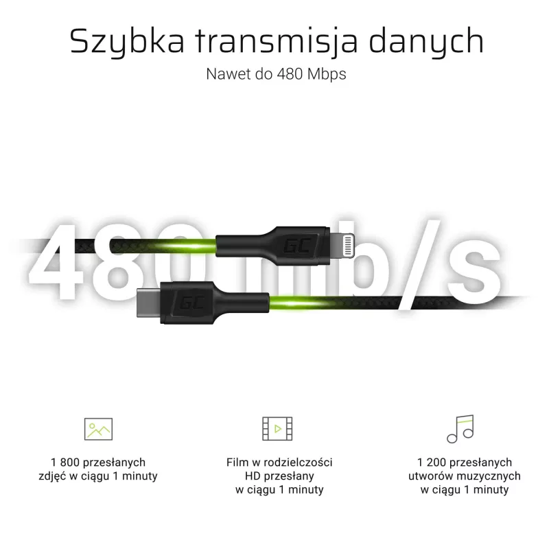 Green Cell PowerStream KABGC07 USB-C–Lightning-kaapeli, 1 m, PD, Apple MFi, musta