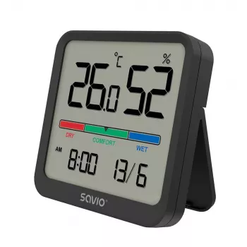 Sisätilan lämpötila- ja kosteusanturi SAVIO CT-01/B vapaasti seisova, LCD, -10–55 °C, 10–99 % RH, CR2032