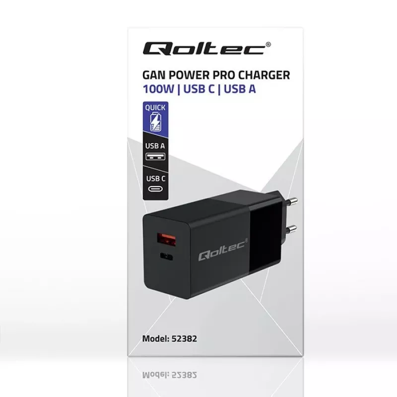Qoltec 52382 GaN POWER PRO -laturi | 1xUSB Type-C | 1xUSB A | 100W | 5-20V | 1.5-5A | PD | musta