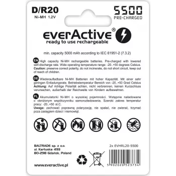 Uudelleenladattava akku everActive EVHRL20-5500 D NiMH 1,2 V 5500 mAh, 2 kpl:n pakkaus