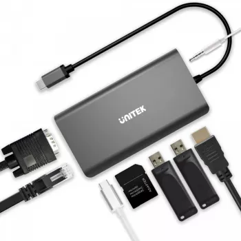 UNITEK uHUB O8+ johdollinen USB 3.2 Gen 1 Type-C -keskitin, harmaa, 100W Power Delivery