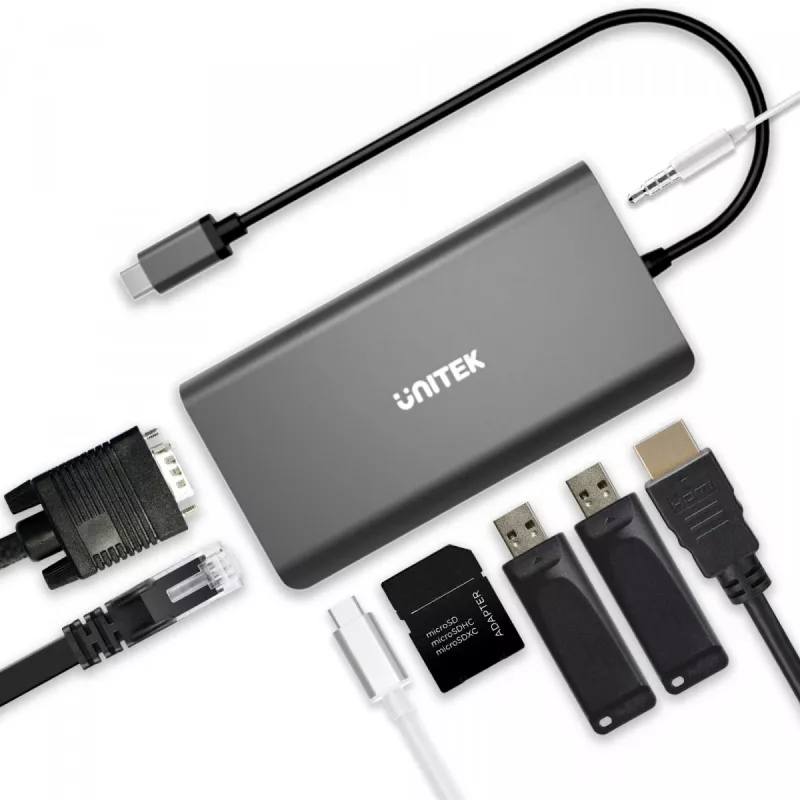 UNITEK uHUB O8+ johdollinen USB 3.2 Gen 1 Type-C -keskitin, harmaa, 100W Power Delivery