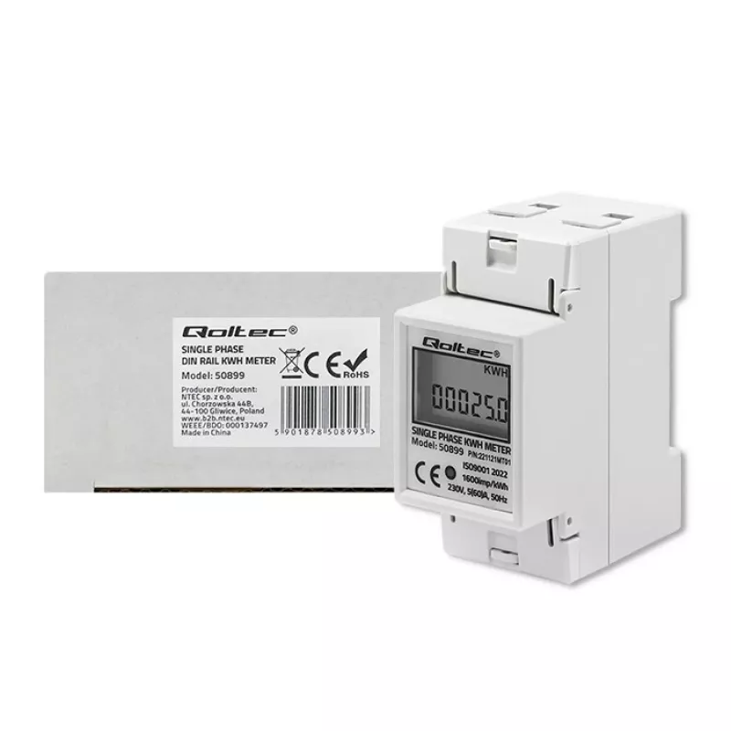Yksivaiheinen energiankulutusmittari QOLTEC 50899 230 V 50 Hz, 5(60)A, luokka 1.0, LCD