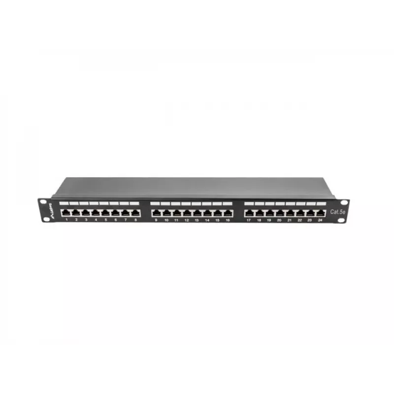 Patch-paneeli 1U LANBERG PPS5-1024-B — 24-porttia RJ-45 Cat5, metalli, musta, räkkiasennus
