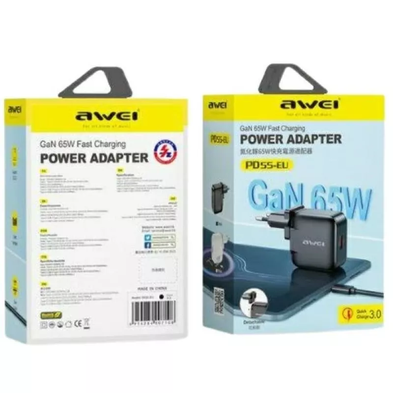 Laturi GaN 65W USB+USB -C EU+US