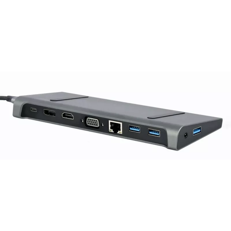 Kannettavan telakka Gembird A-CM-COMBO9-02 USB 3.2 Gen 1 Type-C, HDMI, VGA, 3×USB-A, Gigabit Ethernet, 87W PD, harmaa