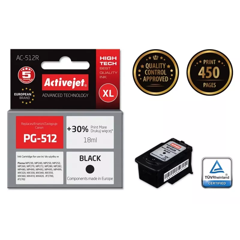Activejet AC-512R muste (Canon PG-512 -yhteensopiva; Premium; 18 ml; musta)