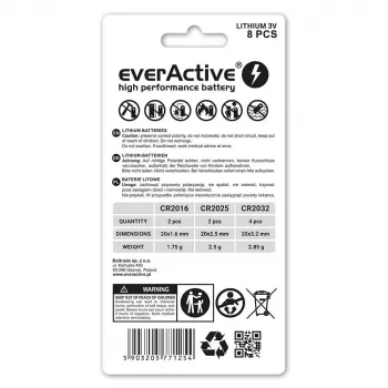 8 litiumpariston sarja everActive 4 x CR2032, 2 x CR2025, 2 x CR2016
