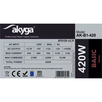 Akyga Basic AK-B1-420 ATX-virtalähde 420 W, 120 mm tuuletin, passiivinen PFC, harmaa