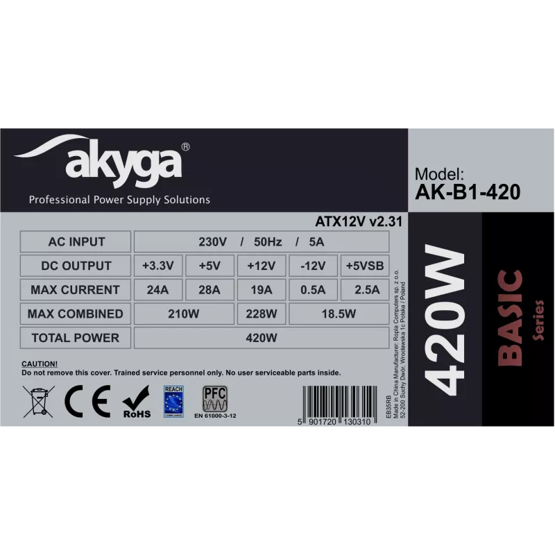 Akyga Basic AK-B1-420 ATX-virtalähde 420 W, 120 mm tuuletin, passiivinen PFC, harmaa