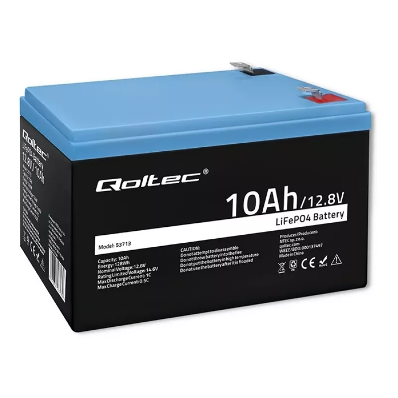 Akkupaketti LiFePO4 QOLTEC 10Ah 12,8V 128Wh integroidulla BMS:llä