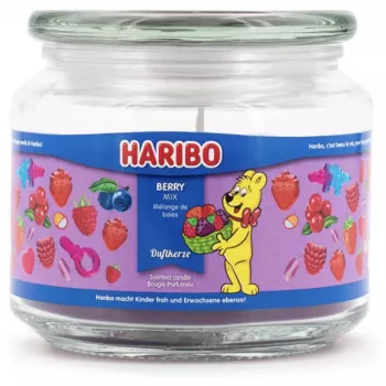 Haribo vahakynttilä A2168 pyöreä karhunvatukka-vadelma-mansikka, pinkki, 100 mm × 100 mm, 300 g, lasipurkki