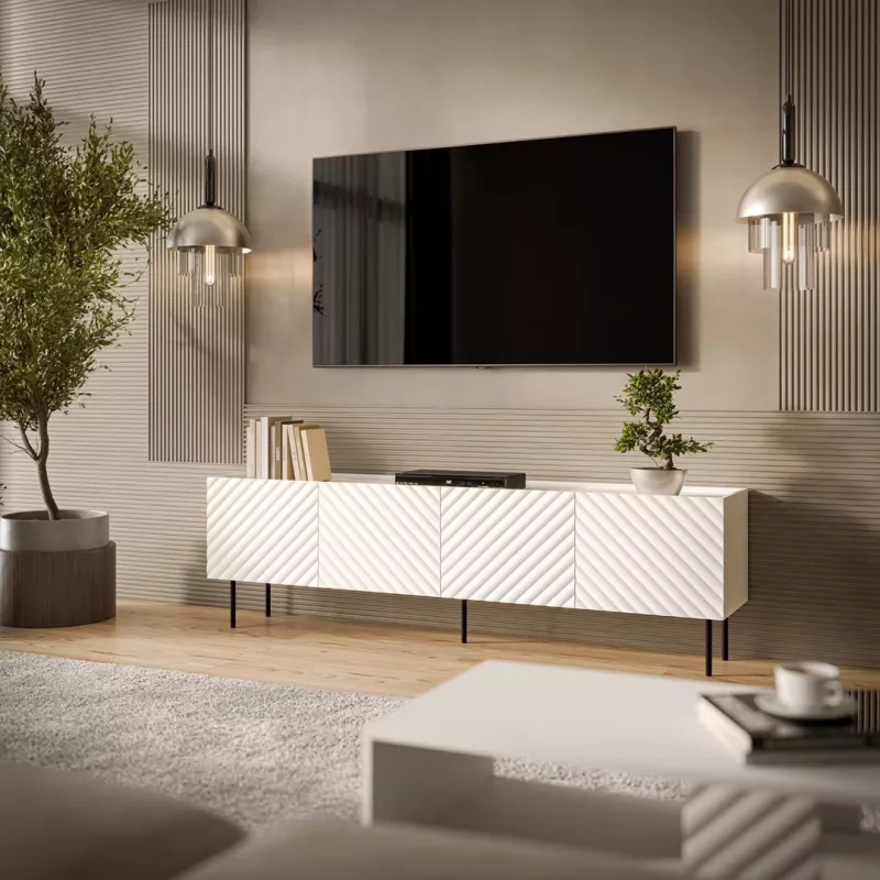 TV-taso cama meble LUCCA 4D, 2000×400×590 mm, valkoinen, lastulevylevy