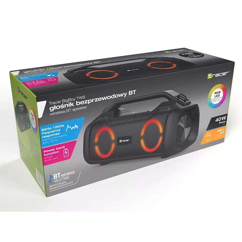 Stereo kannettava kaiutin TRACER BigBoy TWS Bluetooth 40 W RMS, Bluetooth 5.3, 12 h akku, musta