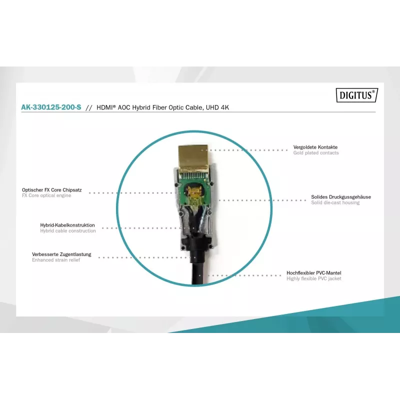 HDMI AOC hybridi-kuituoptinen kaapeli Digitus AK-330125-200-S