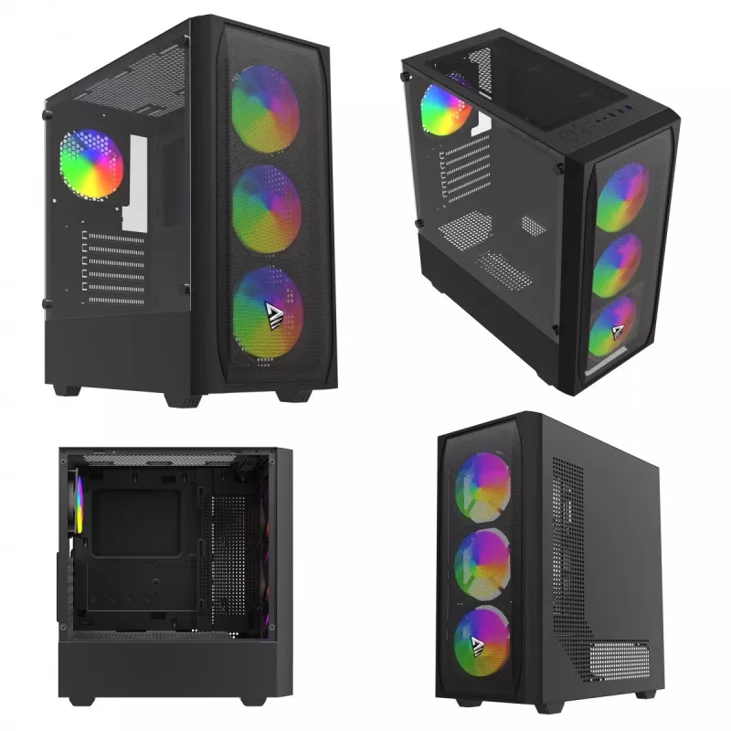 PC-kotelo SAVIO Noctis Flow RGB — Cube, ATX/Mini-ITX, 3x 120 mm etutuulettimet, karkaistu lasisivupaneeli, max. GPU 35 cm