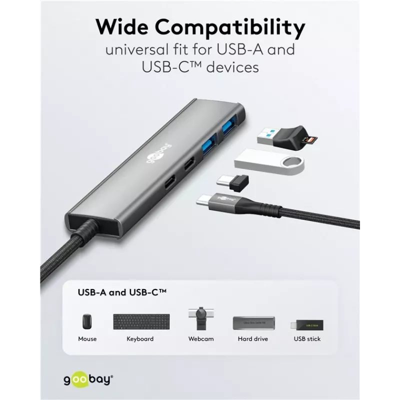 Goobay Slim 4-porttinen USB-keskitin USB-C - USB-A 5 Gbit/s - Plug USB 3.2 (76563)