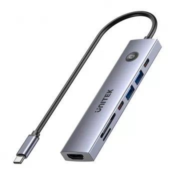 USB-C-keskitin Unitek H1124AGY01 100W PD, HDMI 2.0, 2x USB‑A, 2x USB‑C, SD/microSD-kortinlukija — alumiini