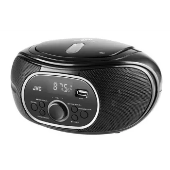 Kannettava CD-soitin JVC RD‑E221B — musta, CD/MP3, kasettidekki, USB-toisto, UKW-radio, AUX, paristo-/verkkovirta