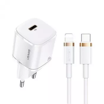 USAMS T36 Mini USB-C verkkolaturi, 20 W, PD 3.0, 1 m USB-C-Lightning-kaapelilla