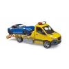 Bruder MB Sprinter autonkuljetusauto valo- ja äänimoduulilla, oranssi/sininen, sisältää roadsterin