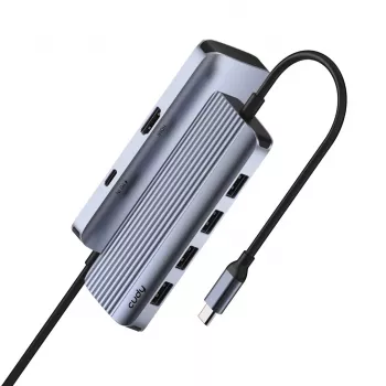 USB-C-keskitin Cudy UH500 — USB 3.2 Gen 1 Type-C-isäntä, 6 liitäntää USB 3.2 Gen 1 Type-A ja HDMI, 5000 Mbit/s, harmaa/hopea