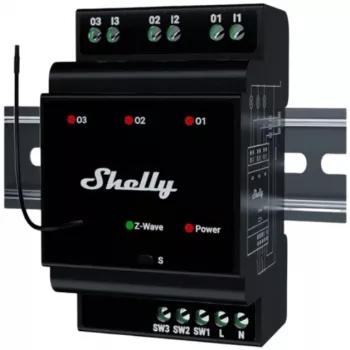 Älykäs rele Shelly Wave PRO 3 — musta, muovikotelo, 110–240 V AC, 50–60 Hz, 0,3 W, 53×59×96 mm