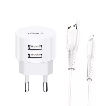 usams laturi T20 2x USB 2.1A Lightning-kaapelilla – kannettava USB-seinälaturi