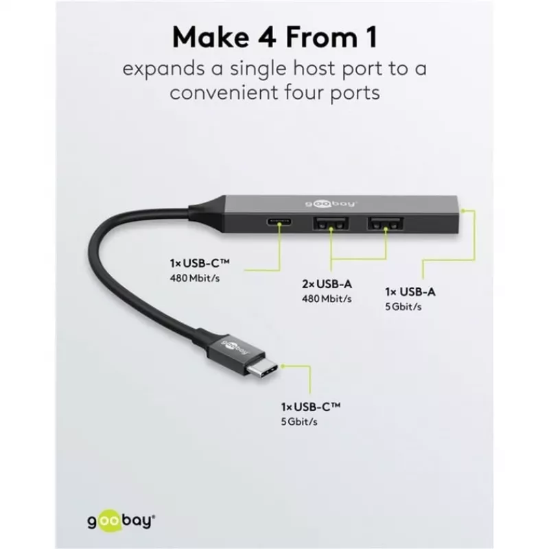 Goobay Slim 4-porttinen USB-keskitin, USB-C™–USB-C™/USB-A, USB 3.2 (74459)