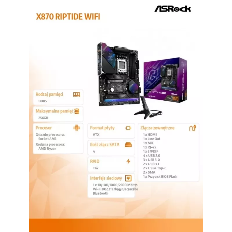 Emolevy ASRock X870 Riptide WiFi — ATX, AMD X870, Socket AM5, DDR5, 4 DIMM, 256 GB, Wi-Fi 7, 2,5GbE