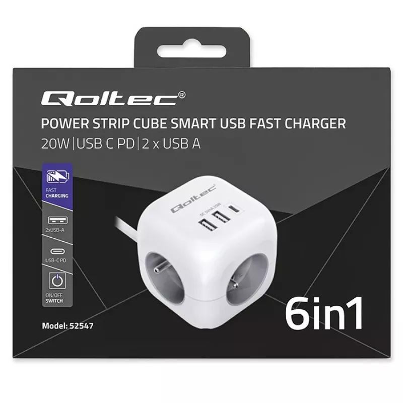 Power Cube QOLTEC 52547 jakotukki 3×AC-pistorasia, 2×USB-A, 1×USB-C PD 20W