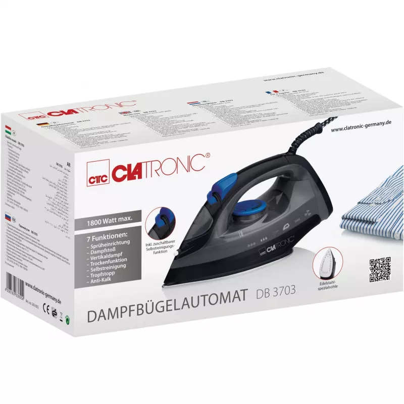 Silitysrauta CLATRONIC DB 3703 — kuiva- ja höyrysilitysrauta, ruostumaton teräspohja, 1800 W, musta/harmaa