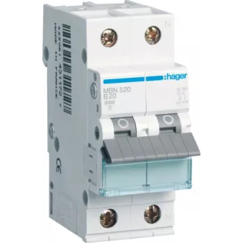 Hager MBN520. Napojen määrä: 2P. Verkkotaajuus: 50/60 Hz, nimellislähtövirta: 20 A (MBN520)