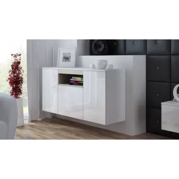 Sideboard Cama Meble VIVA 150 — valkoinen/valkoinen korkeakiilto ja Sonoma-tammi, 3 ovea, 5 hyllyä, 1500×450×800 mm