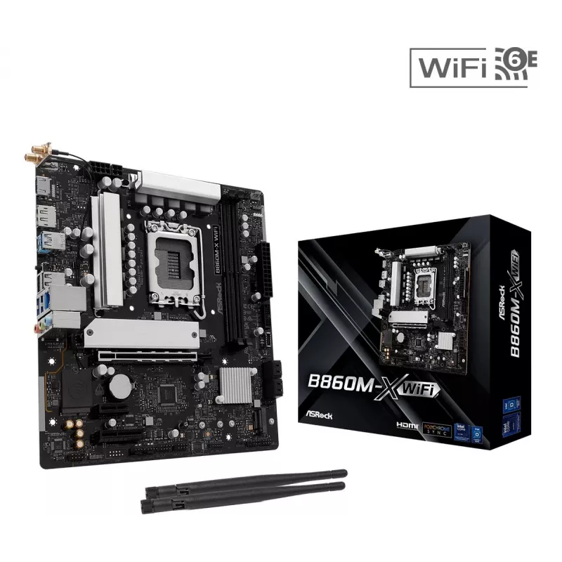 Emolevy ASRock B860M-X WiFi — Intel B860, LGA 1851, micro ATX, DDR5, 2x DIMM, 4x M.2, 2.5Gb LAN, Wi‑Fi 6E, Bluetooth 5.3