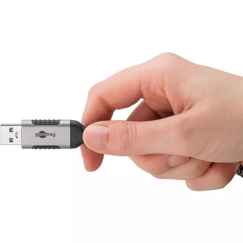 Ethernet-kaapeli USB-A 3.2 Gen1 uros > RJ-45 uros, LAN-sovitin musta/hopea, 1,5 metriä, punottu tekstiilivaippa