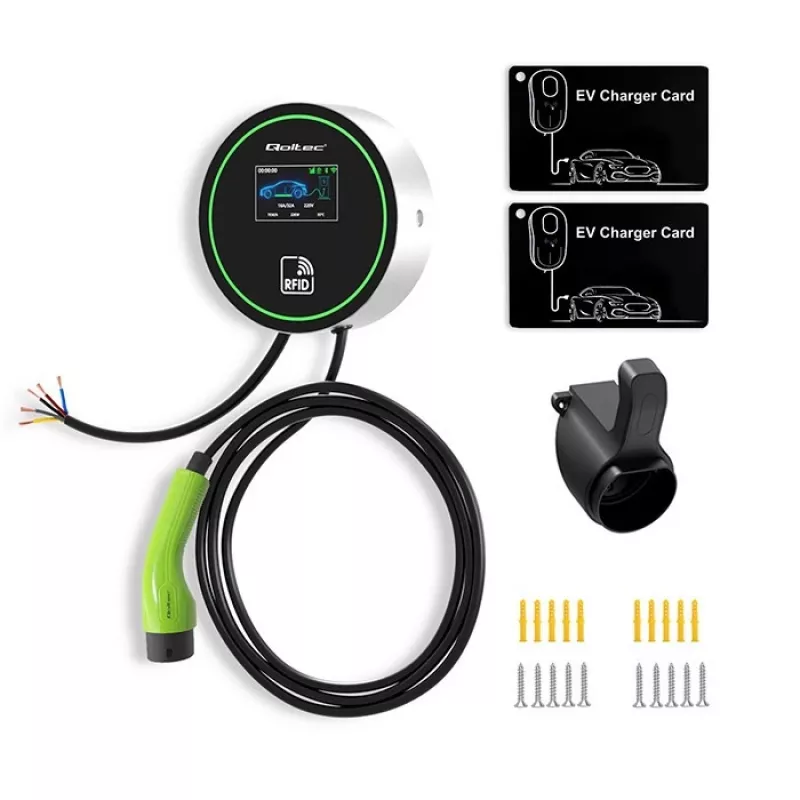 Sähköauton latausasema QOLTEC 52432 Type2 22 kW WLAN LCD-näytöllä