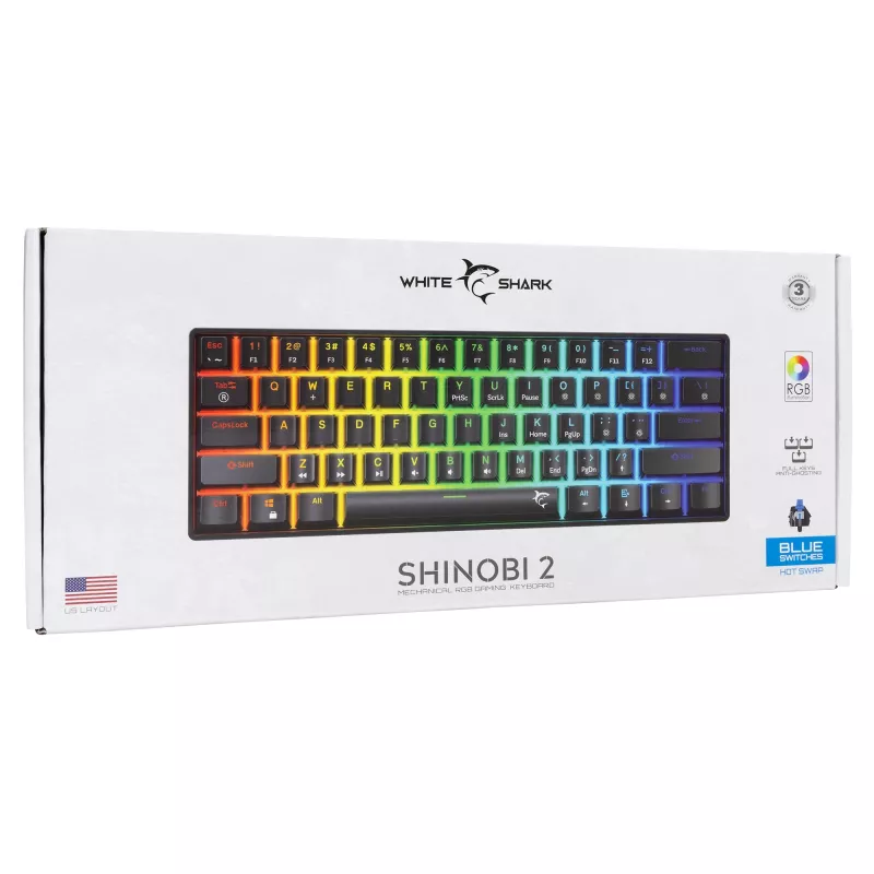 Mekaaninen näppäimistö White Shark Shinobi-2 Blue -kytkin musta US-asettelu