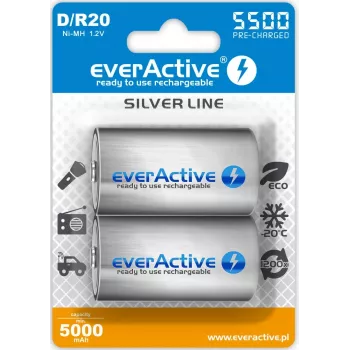 Uudelleenladattava akku everActive EVHRL20-5500 D NiMH 1,2 V 5500 mAh, 2 kpl:n pakkaus