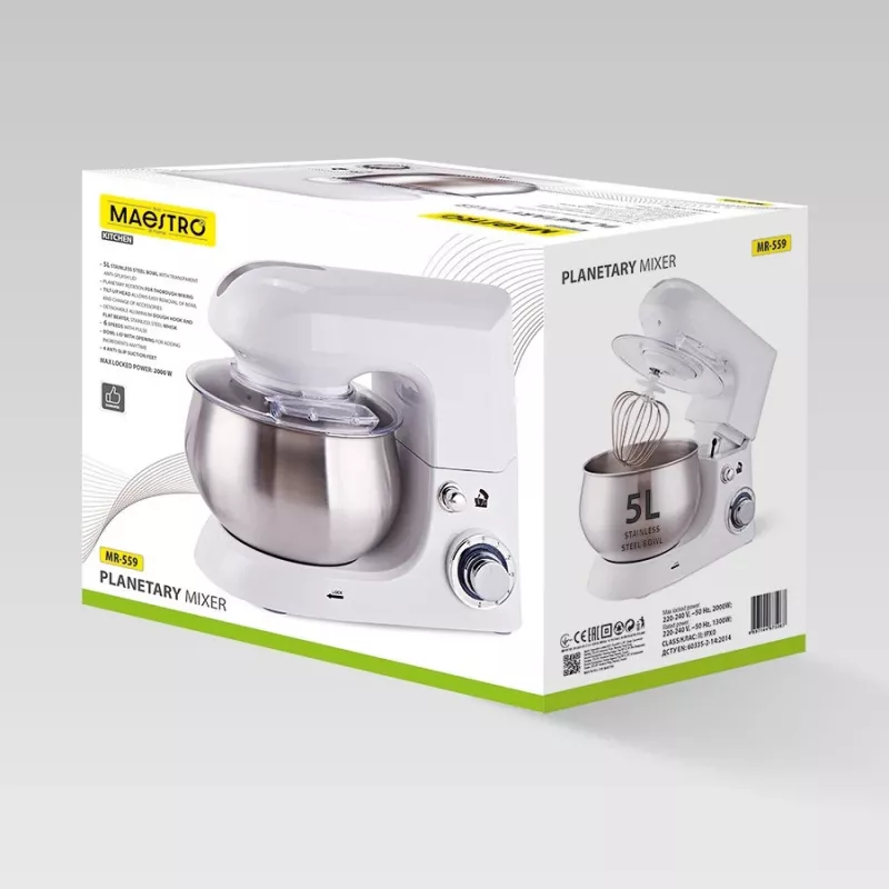 Planetenrührer Maestro MR-559 tehosekoitin, 5,0 L ruostumaton teräskulho, 2000 W, 6 nopeutta, kiertosäädin